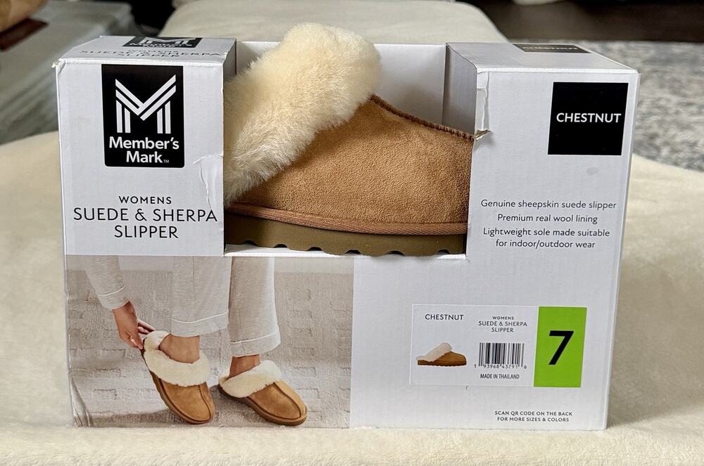 Member’s Mark Women’s Suede & Sherpa Slipper Chestnut Size 7 NEW Sheepskin Sam’s